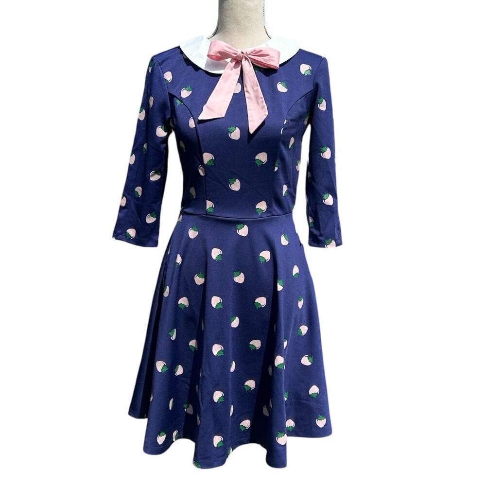 Unique Vintage Retro Inspired 50’s Navy Strawberry Fit & Flare Dress S